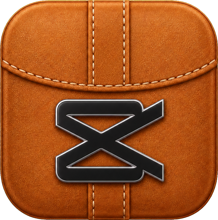 Caramel square leather icon with stitched seams and a black stylized toggle symbol.