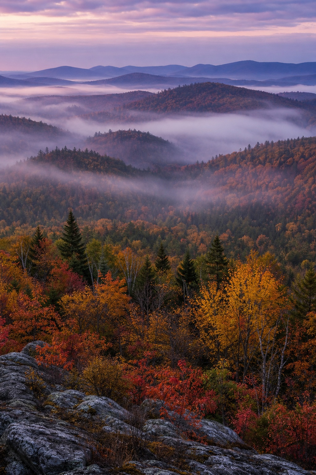 Colorful maple hills and forest covered in mist at cool twilight.