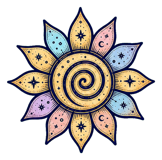 Colorful sunflower with a spiral center and pastel pointed petals.