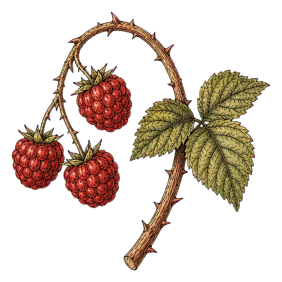 Vintage botanical illustration of a raspberry cane with ripe berries and leaves
