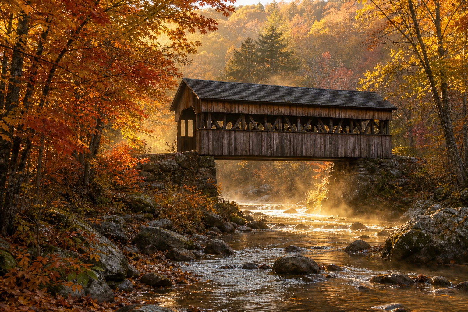 Preview for Misty Covered Bridge Autumn Background