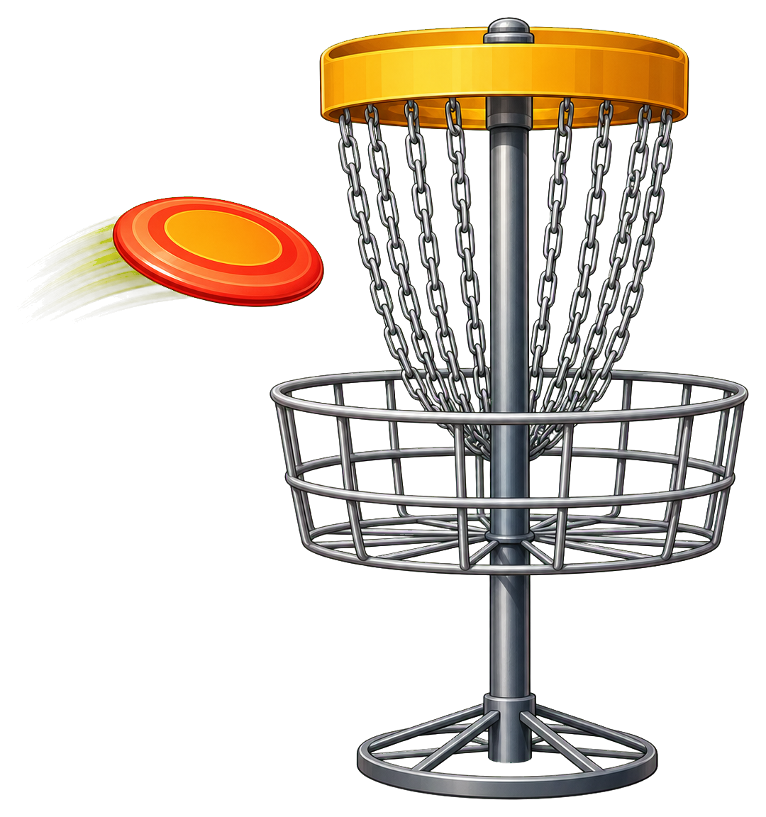 Disc golf basket with a flying orange disc approaching the chains