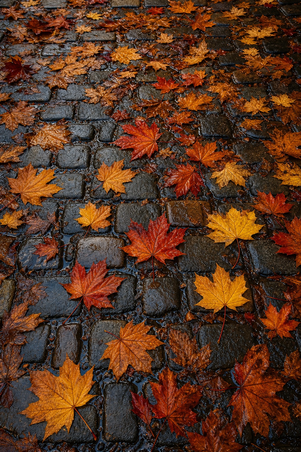 Cobblestone street covered with scattered orange, red, and yellow autumn leaves.