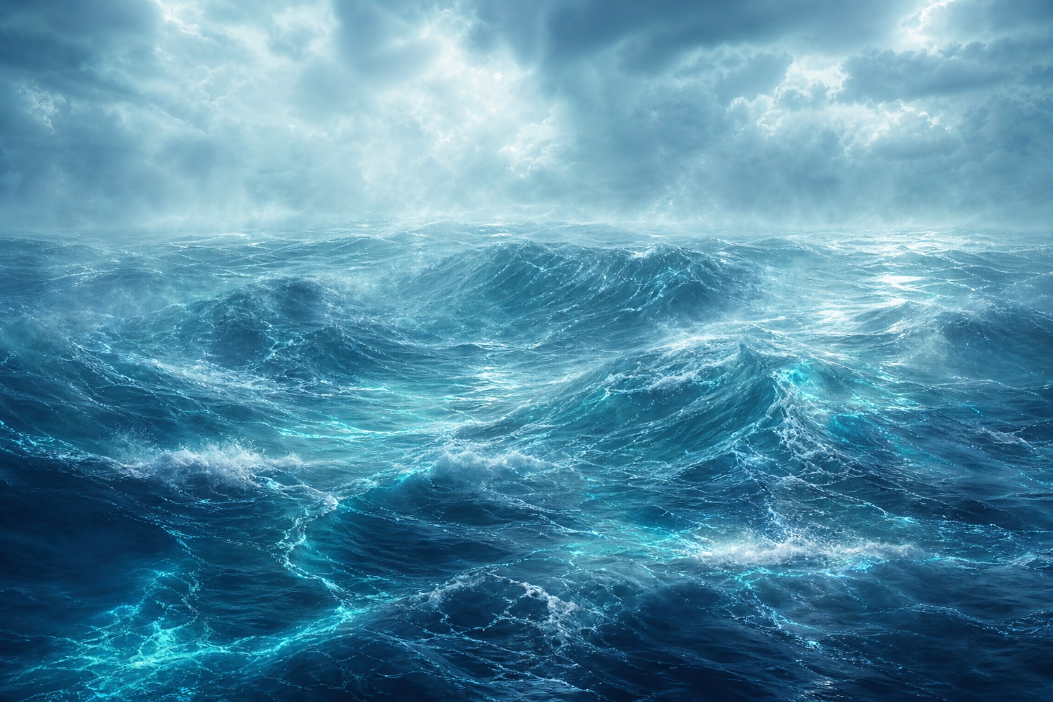 Arctic cyan ocean surface with glowing waves and a distant horizon