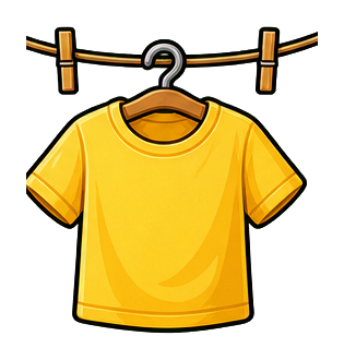Yellow shirt hanging on a clothesline with a hanger and clothespins