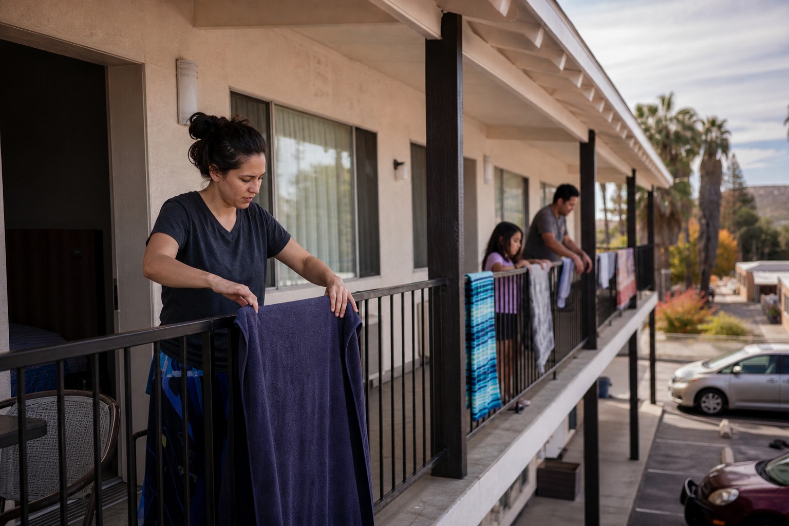 People standing on a motel balcony with laundry hanging over the railing beside parked cars.