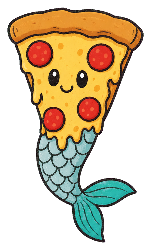Cute cartoon pizza slice with a mermaid tail and smiling face.
