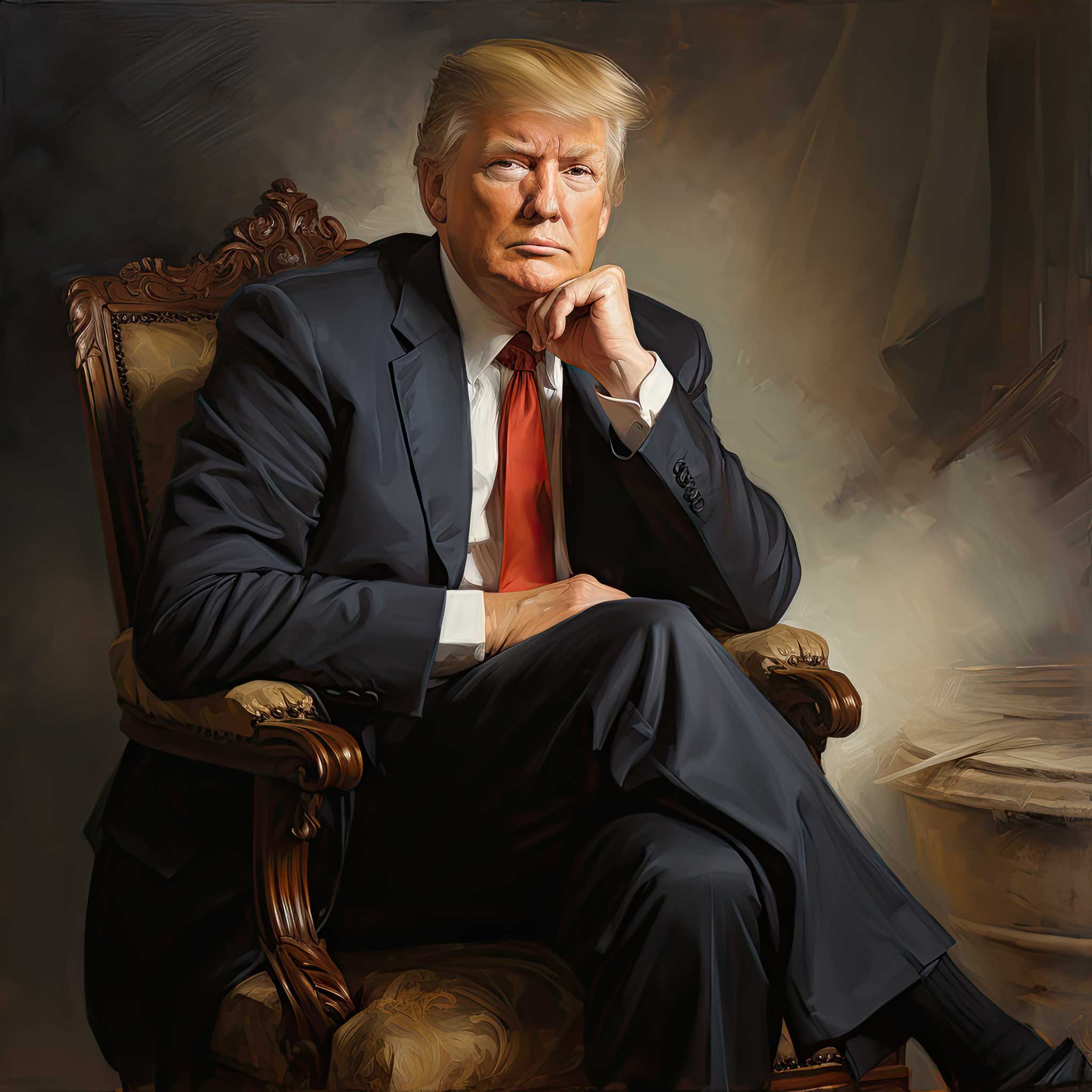 A seated portrait of Donald Trump in a dark suit and red tie.