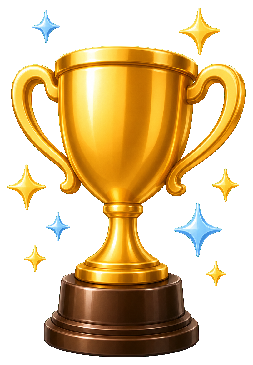 Golden trophy with sparkles around it and a dark base
