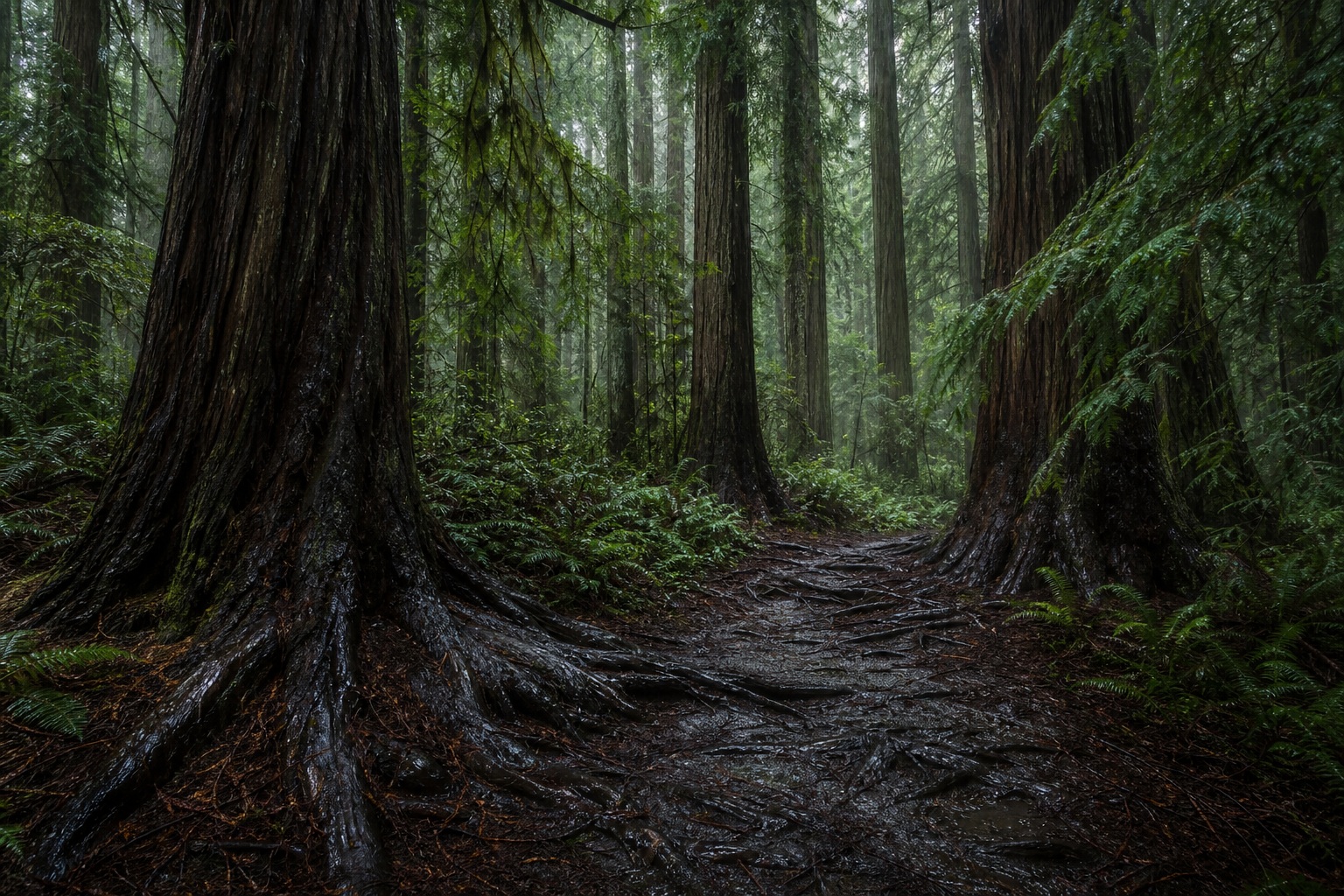 Dark cedar forest path with misty, damp ground and tall trees on both sides