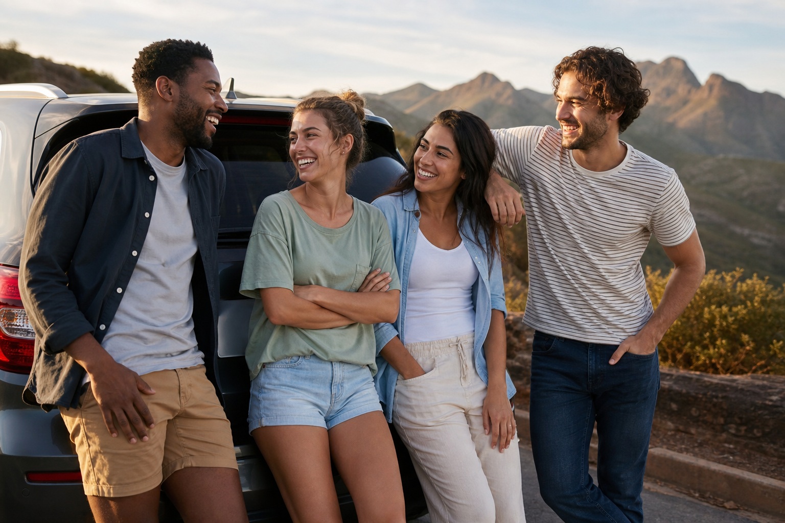 Four friends standing beside a car on a road at sunset.
