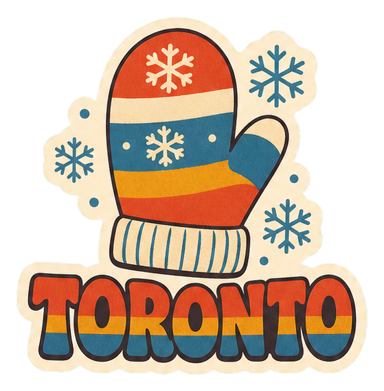 Toronto word art sticker with a mitten and snowflakes