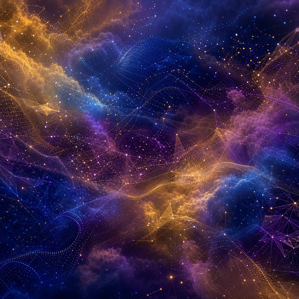 Gold and indigo abstract cloud network with glowing particles and flowing data lines