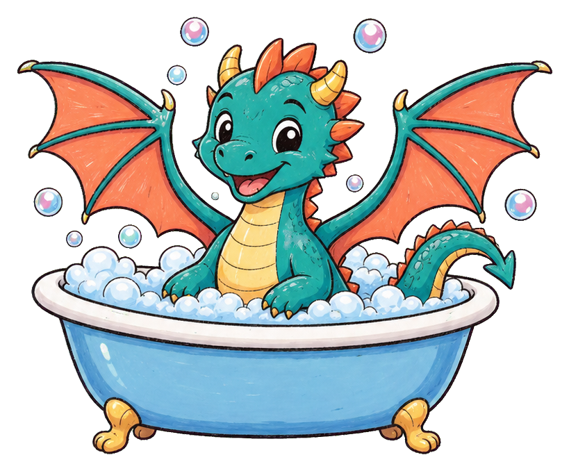 Cute cartoon dragon soaking in a bubble bath with wings and bubbles.