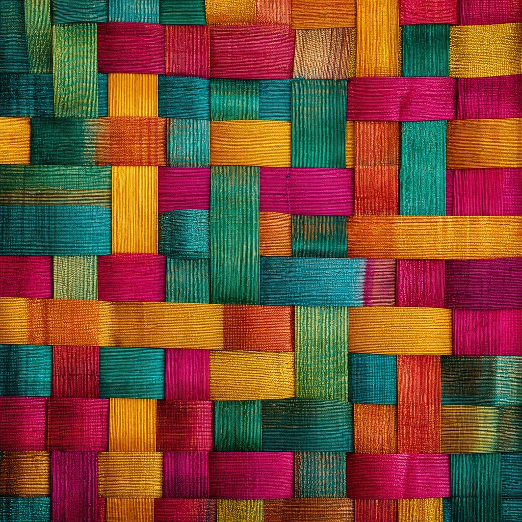 Colorful woven textile pattern with jewel tones and intersecting fabric strips