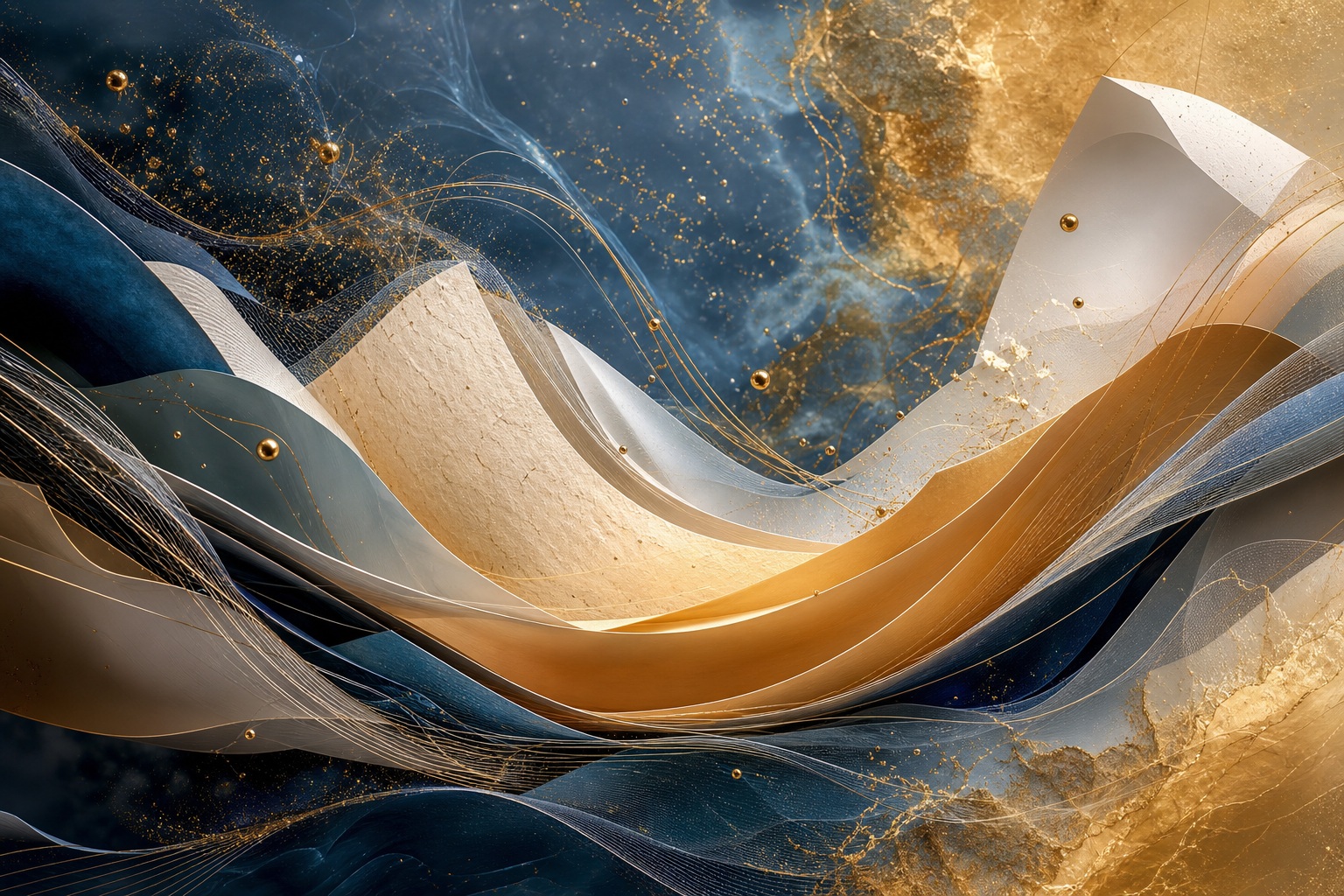 Abstract flowing paper-like waves in blue, white, and gold tones
