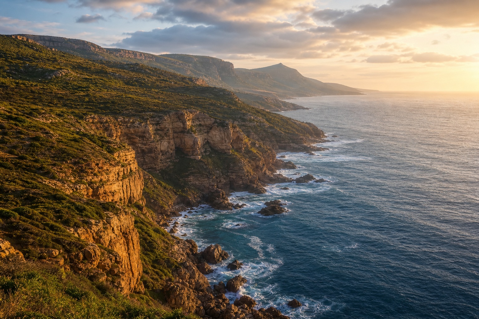 Golden light on rugged coastal cliffs beside a calm ocean shoreline.