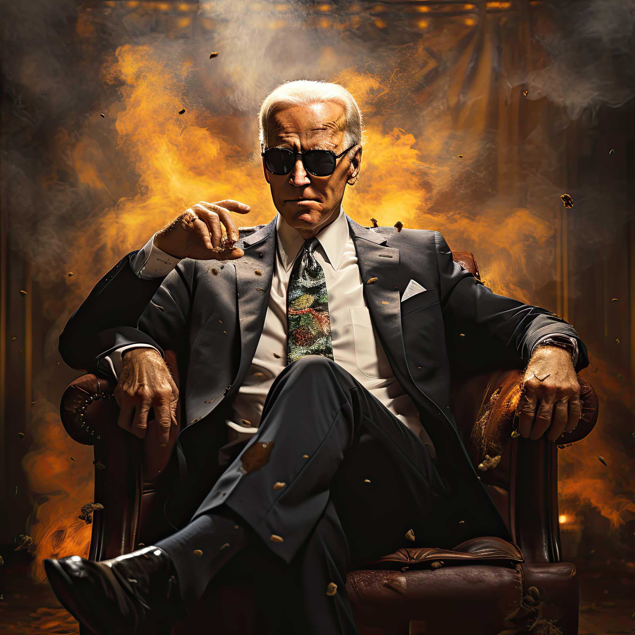 An older man in a suit sits in a chair against a fiery orange background.
