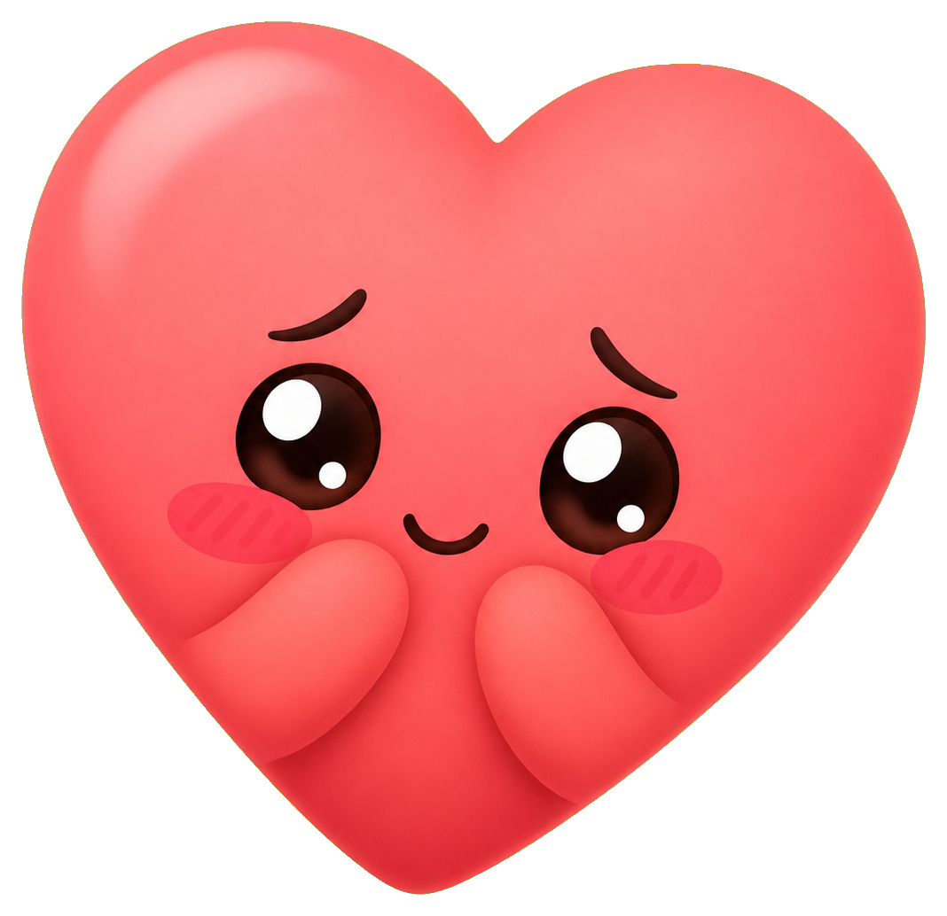 A pink heart with a bashful face, blushing cheeks, and shy hands covering its mouth.