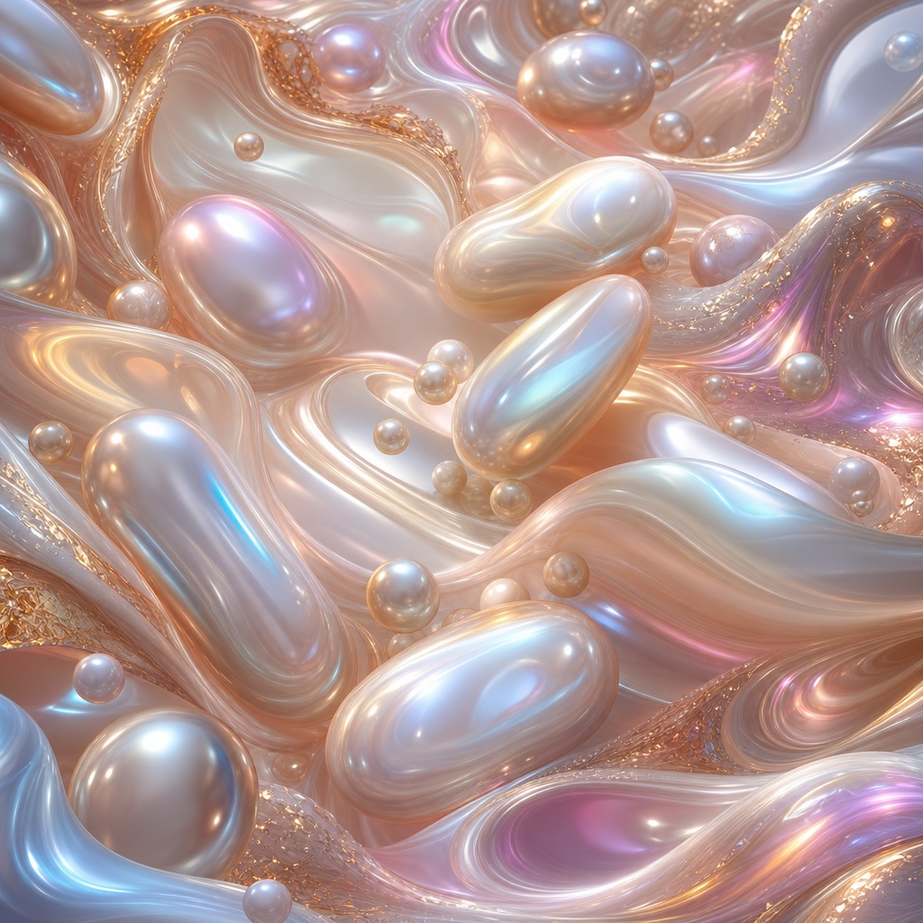 Glossy 3D abstract capsules and pearl-like shapes with iridescent highlights