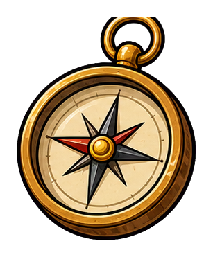 A gold and black compass sticker with a red needle on a beige background.