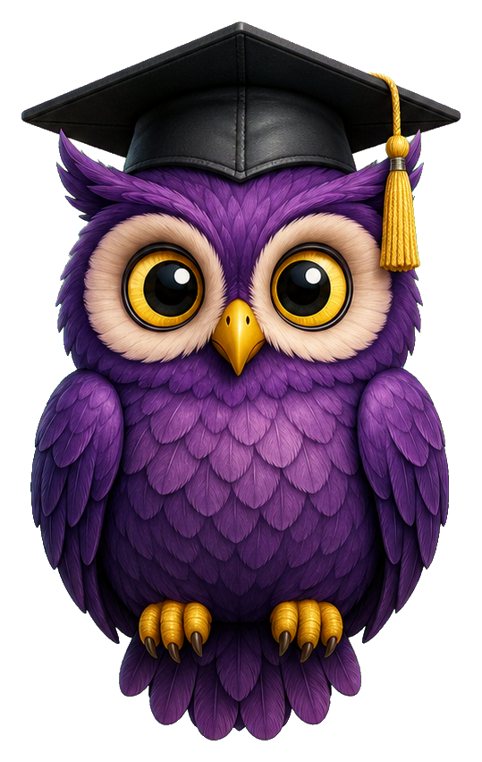 Purple owl wearing a black graduation cap with a gold tassel.