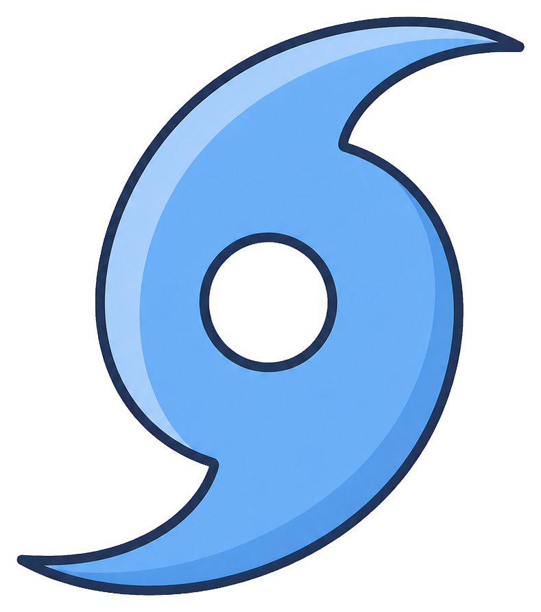Blue tropical cyclone swirl icon with a circular center hole