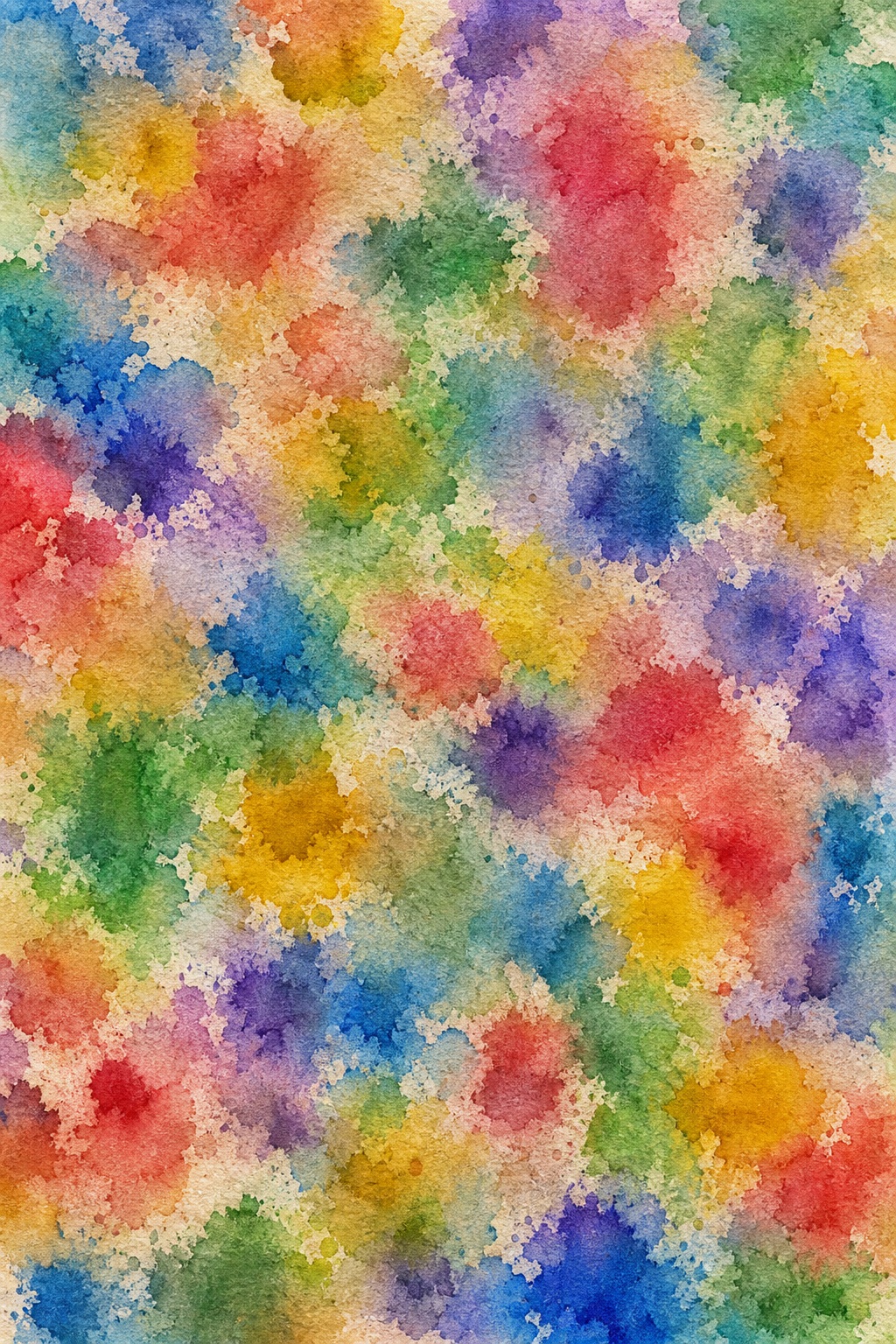 Muted rainbow pigment blooms scattered across a textured watercolor background