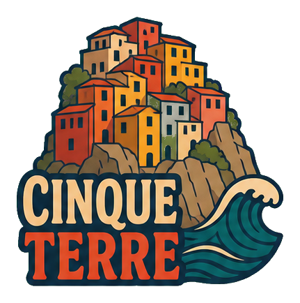 Retro Cinque Terre text sticker with colorful cliffside buildings and a curling wave.