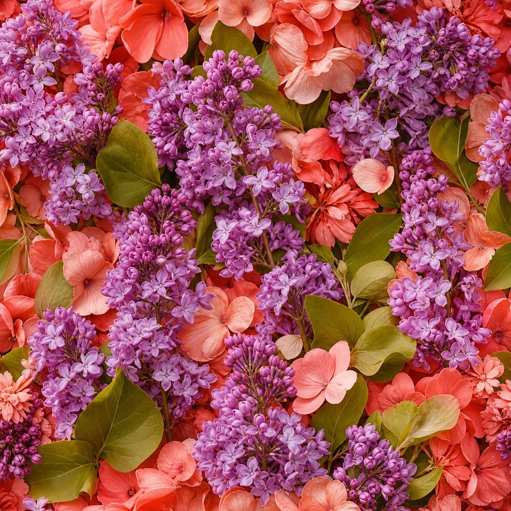 Pink and purple flowers with green leaves forming a dense floral background