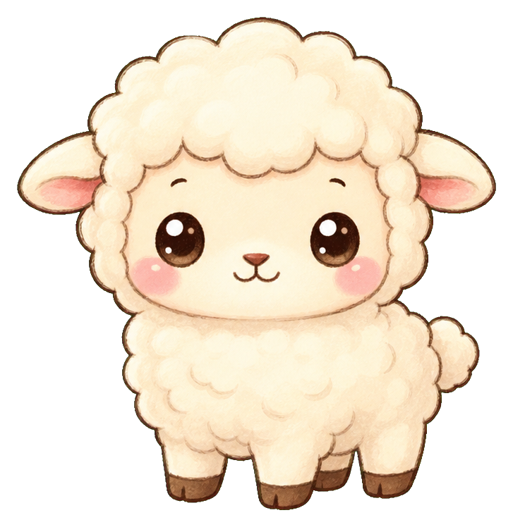 Cute fluffy woolly sheep with pastel face and small ears