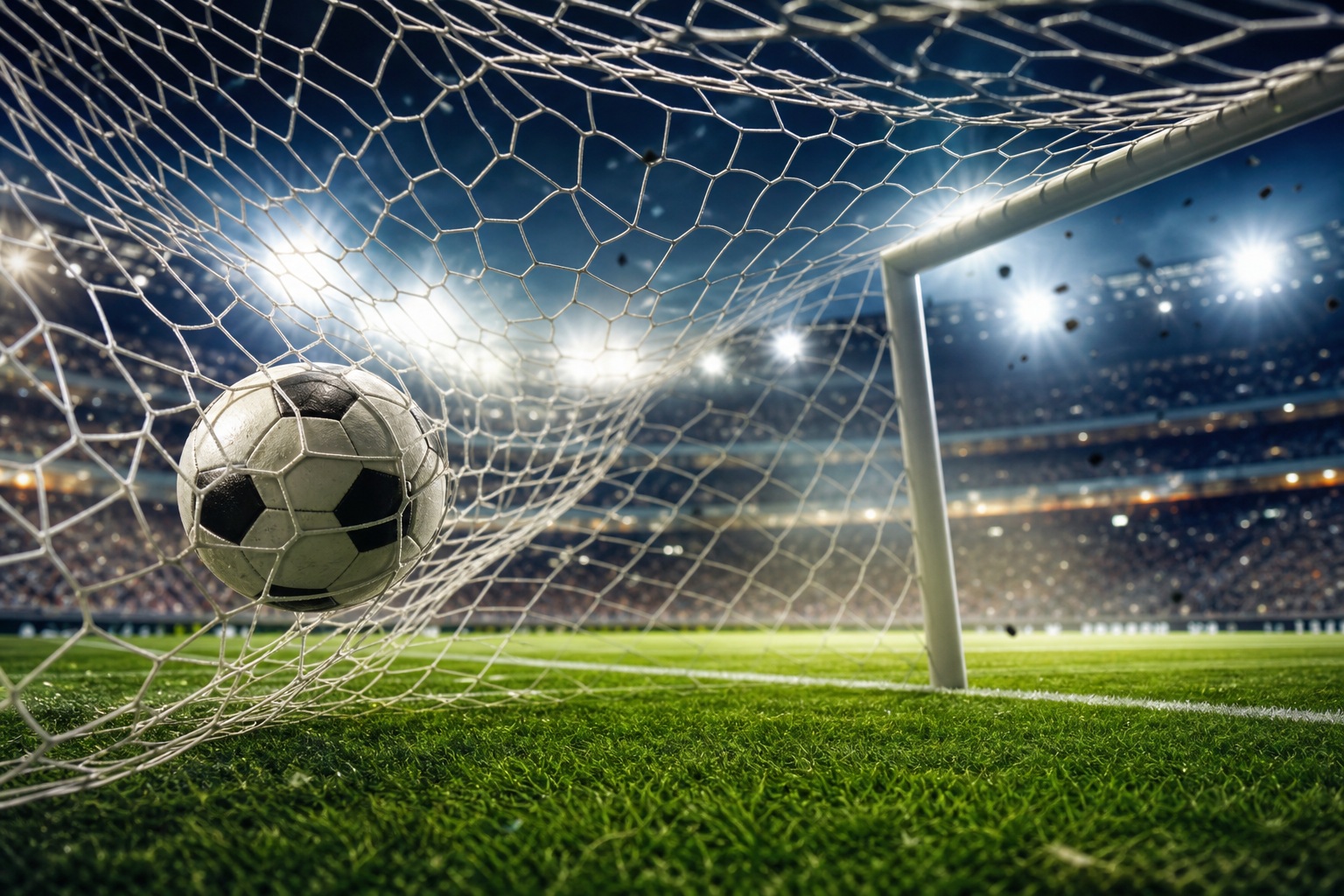 Soccer ball in a goal net on a lit stadium field at night