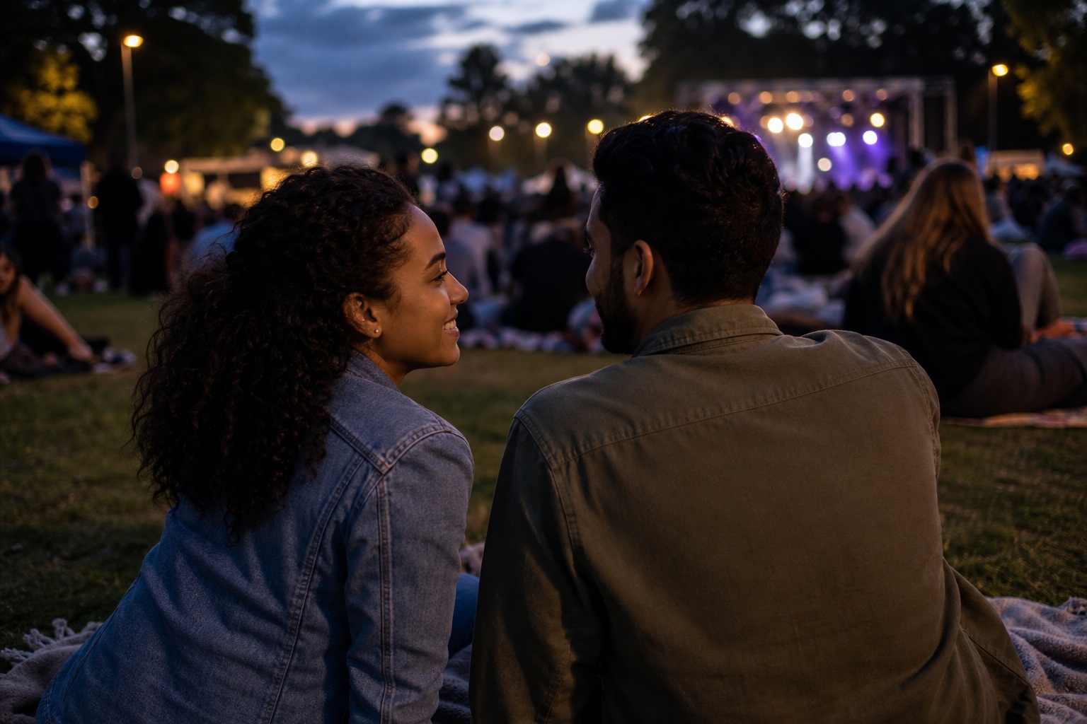 Couple sitting on grass watching an outdoor concert at dusk