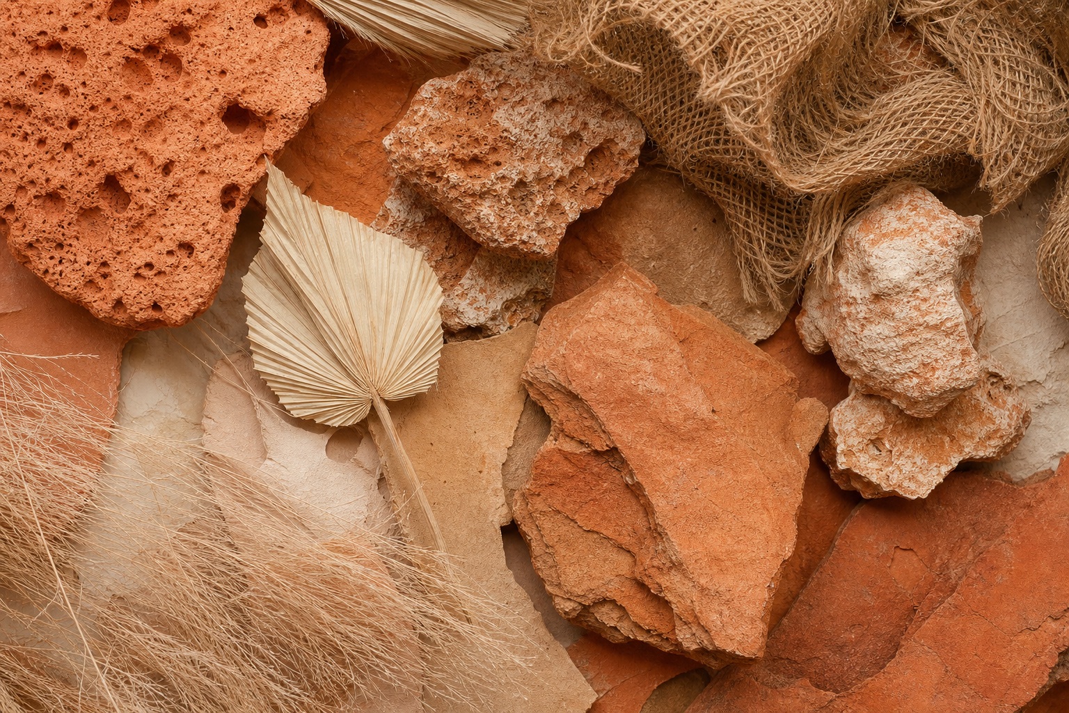 Terracotta fragments, dried leaves, and textured natural materials arranged on a woven surface.