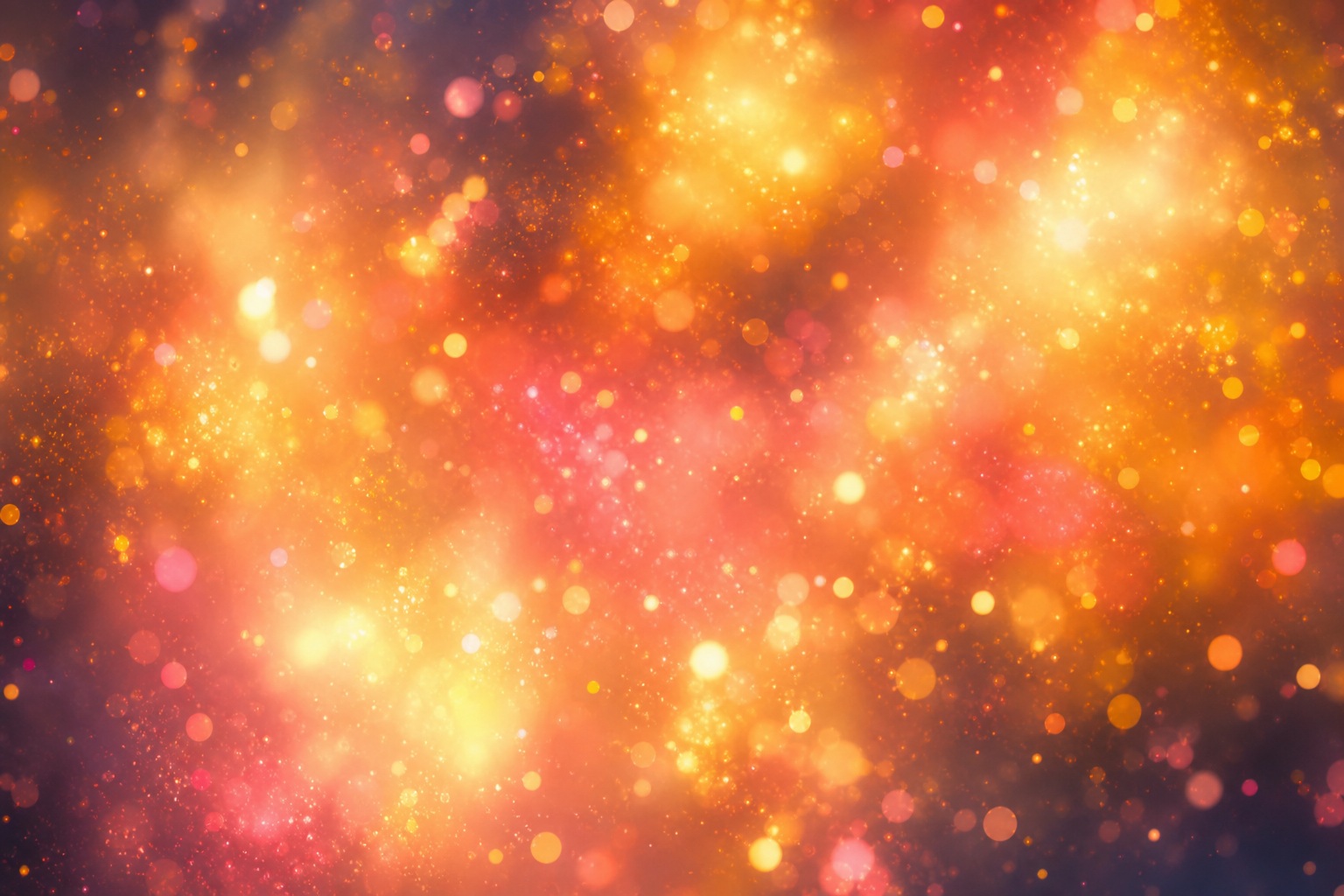 Warm gold and coral bokeh lights with soft glowing clouds on a dark background.