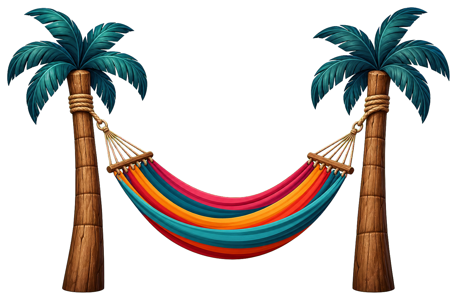 Colorful hammock hanging between two palm trees on a transparent background