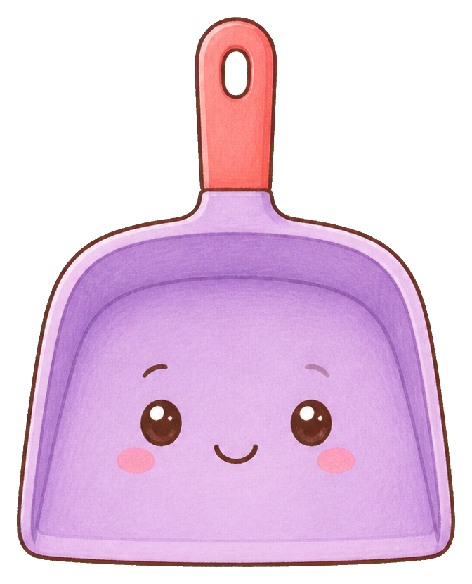 Cute purple dustpan sticker with a smiling face and pink handle