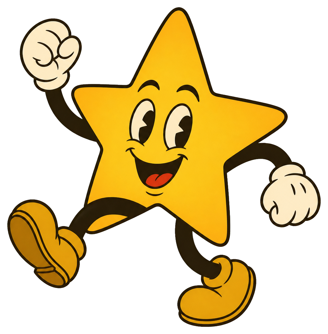 Smiling yellow star cartoon with gloves, shoes, and a playful retro style