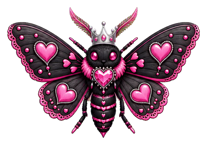 Pink night moth sticker with a crown and heart details on its wings