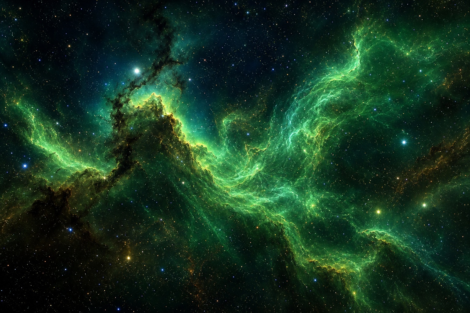 Green and gold nebula clouds with bright stars across a dark space background