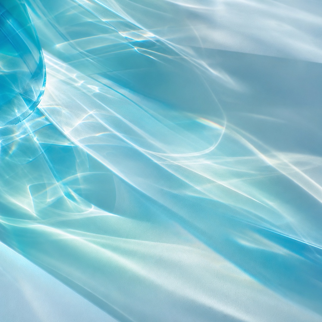 Soft blue abstract light waves with glass-like refraction and bright caustic shadows.