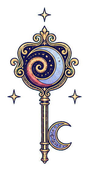 Decorative celestial key with spiral moon center, crescent moon handle, and small stars