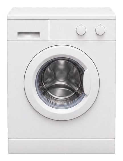 Realistic white washing machine with a front-loading door and control knobs.