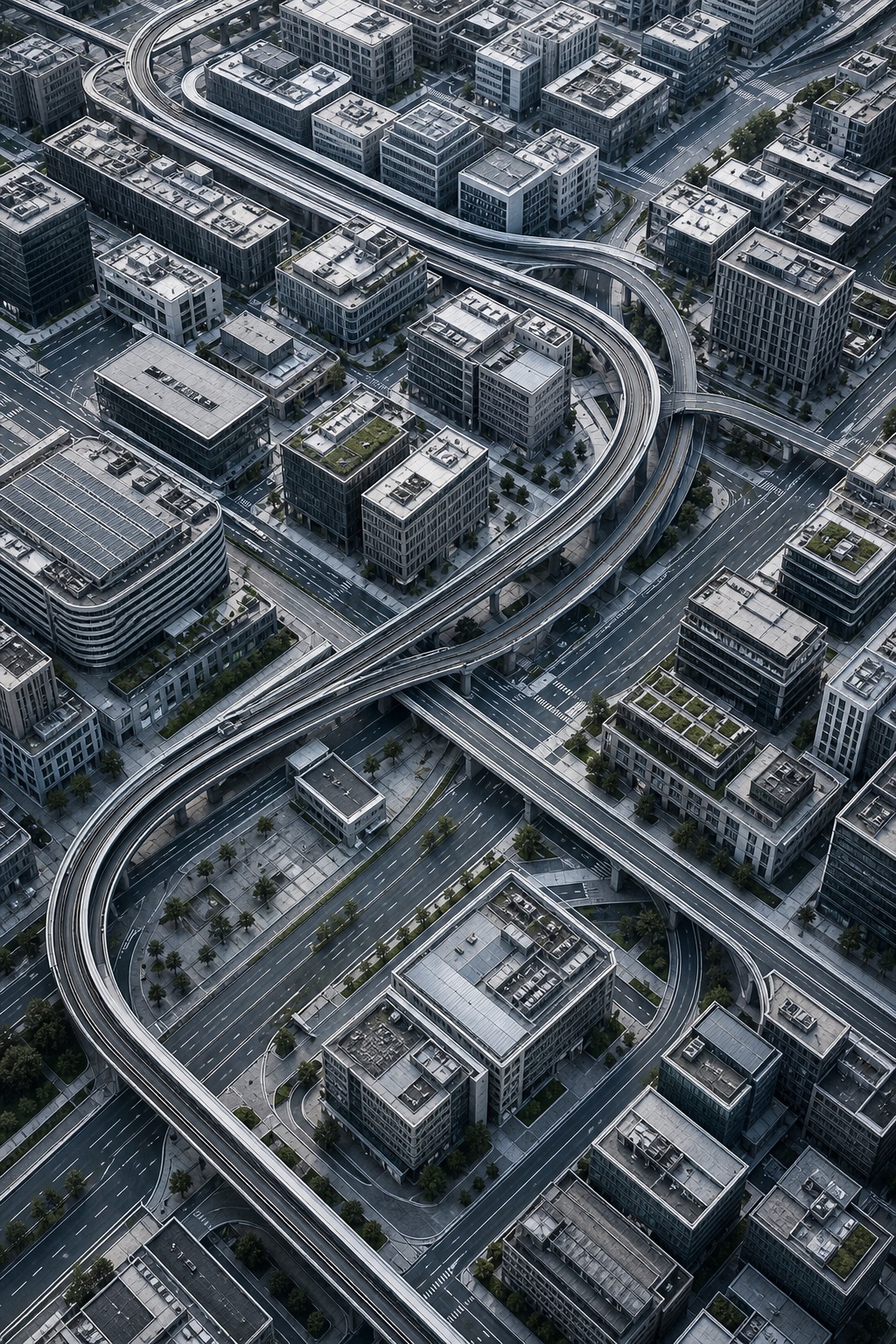 Aerial view of a monochrome city grid with intersecting elevated transit lines.