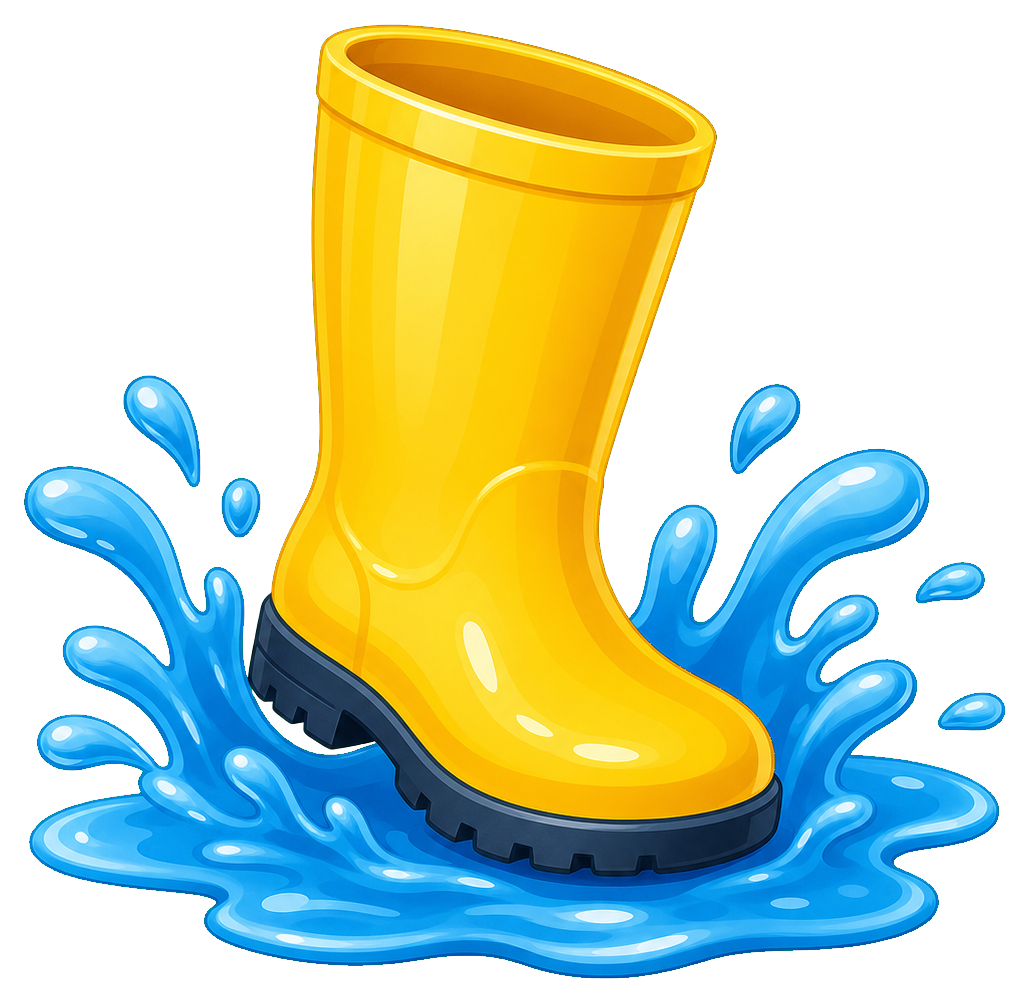 Yellow rain boot standing in a blue splash of water