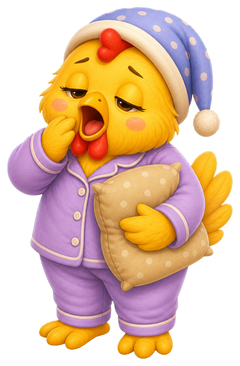 Sleepy yellow chicken in purple pajamas yawning and holding a pillow