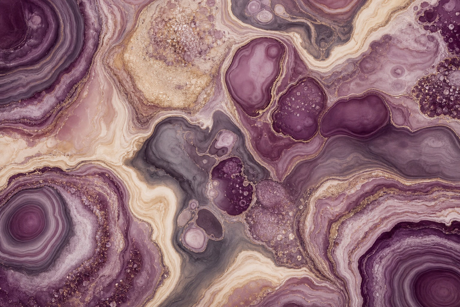 Plum and gold organic cellular abstract texture with layered flowing bands