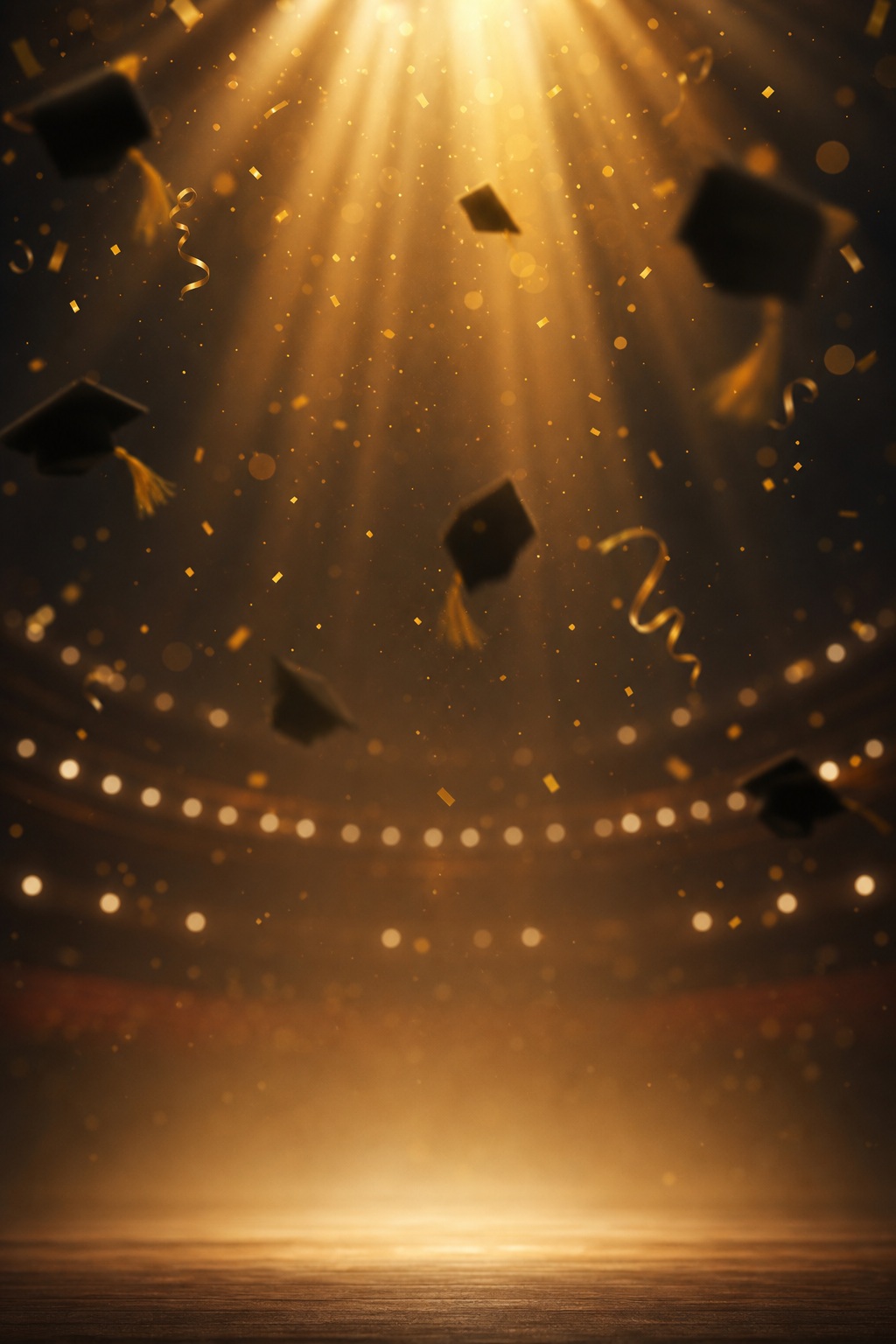 Gold confetti and graduation caps falling under warm stage lights on a dark background.