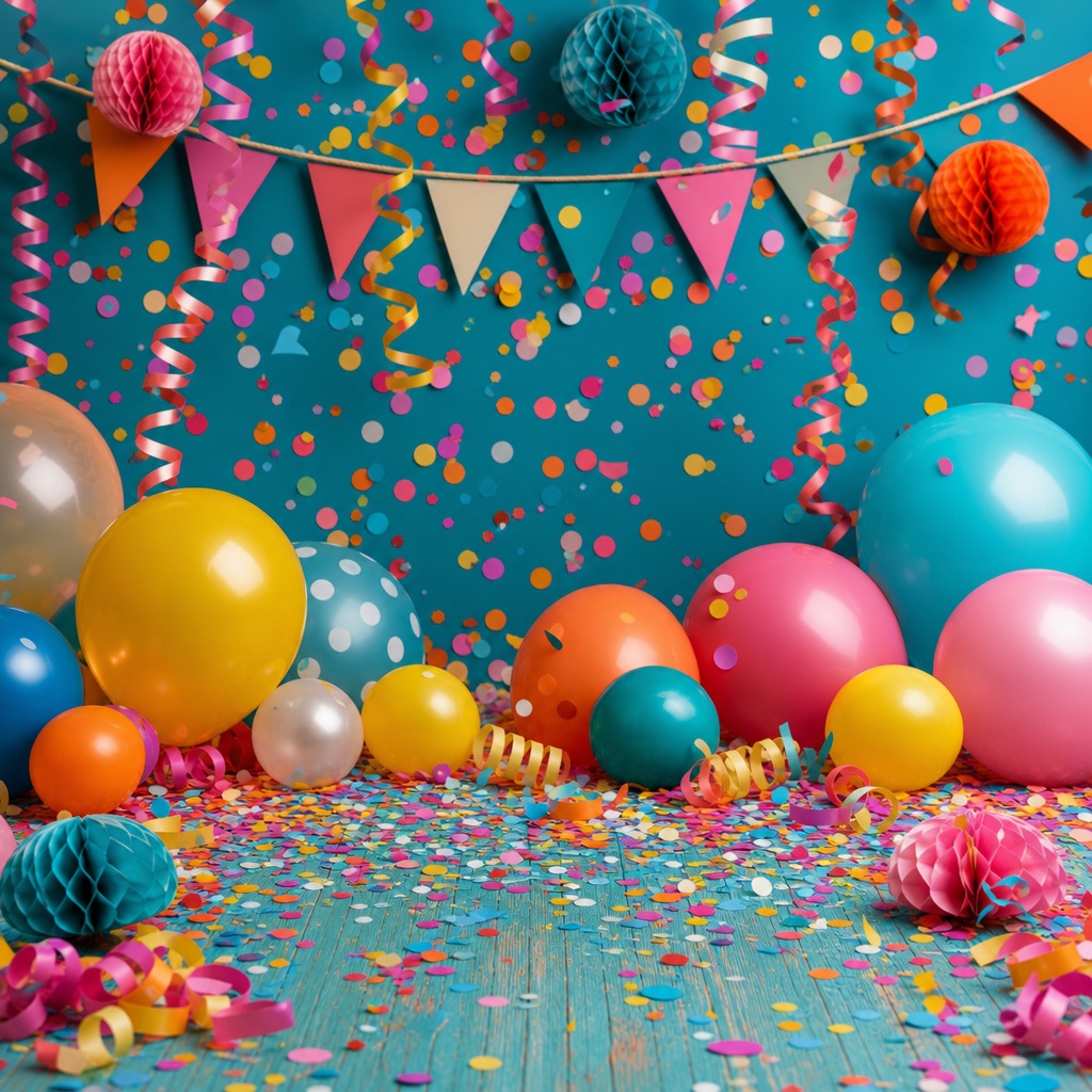 Colorful birthday confetti with balloons and bunting on a teal party background.