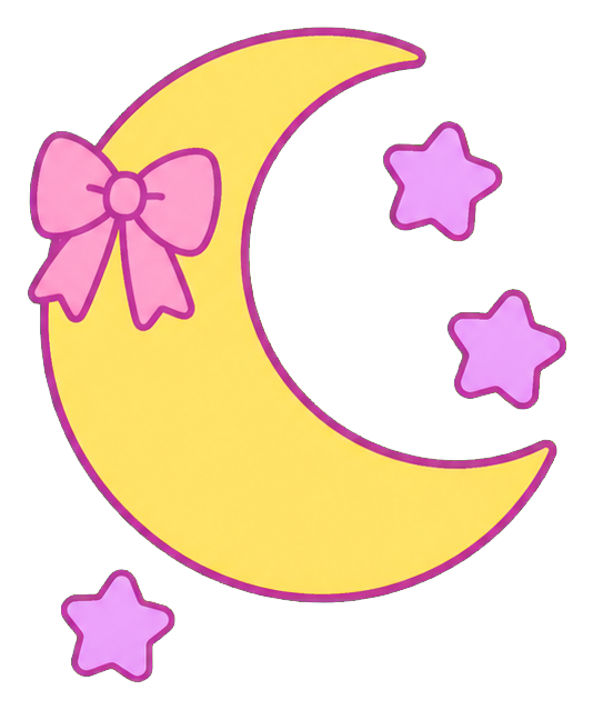 Yellow crescent moon sticker with pink outline and small pink stars